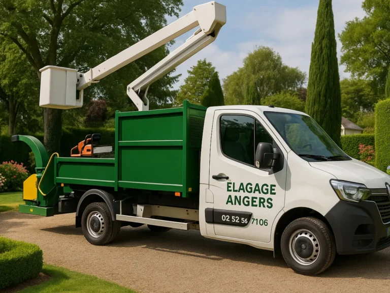 Camion professionnel pour l’abattage d’arbres à Angers, garé devant un jardin arboré avec matériel visible – Elagage Angers